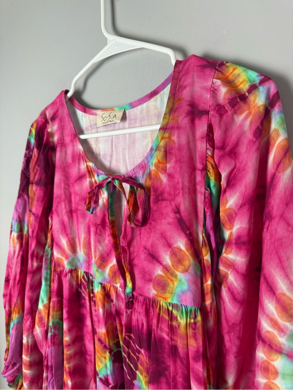 Sofia Made In Italy Womens Long Balloon Sleeve Maxi Tie Front Dress Tie Dye Boho